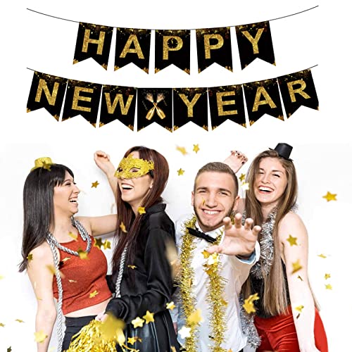 2022 Feliz Año Nuevo Glitter Gold Black Banner Sign Telón de Fondo Decoraciones Colgantes para Navidad Año Nuevo Festival de Primavera Suministros para Fiestas