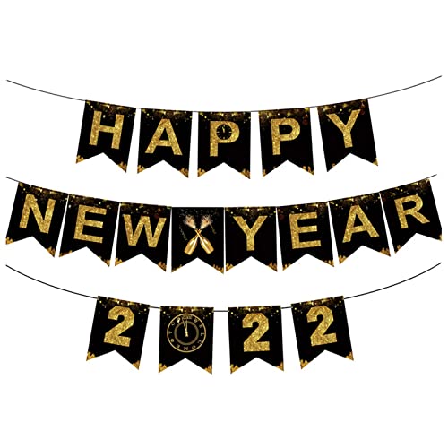 2022 Feliz Año Nuevo Glitter Gold Black Banner Sign Telón de Fondo Decoraciones Colgantes para Navidad Año Nuevo Festival de Primavera Suministros para Fiestas