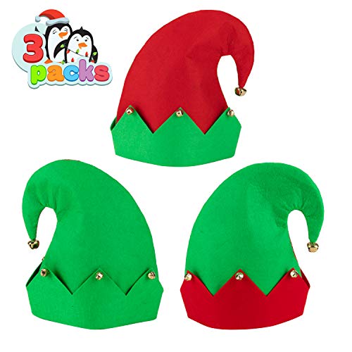 3 Packs Christmas Elf Felt Hat Christmas Holiday Party Hats Featuring One Size fits Most Unisex Hats for Jingle Bells Kids, Teens, Adults Green