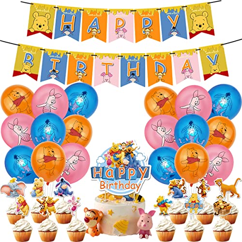 32Pcs Fiesta Cumpleaños Winnie - simyron Winnie The Pooh Decoración, Incluye Winnie The Pooh Globos Banner Cake Topper Suministros Fiesta para Niños