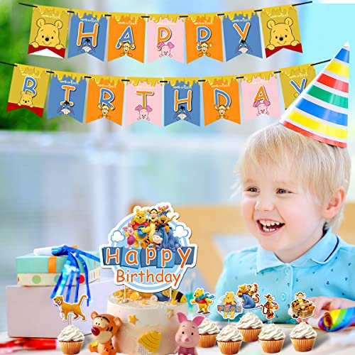 32Pcs Fiesta Cumpleaños Winnie - simyron Winnie The Pooh Decoración, Incluye Winnie The Pooh Globos Banner Cake Topper Suministros Fiesta para Niños