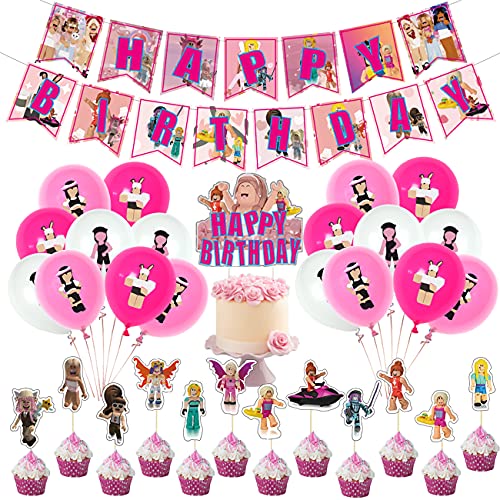 32pcs Roblox Cumpleaños Decoracion - simyron Theme Suministros Fiestas, Roblox Decoración Incluye Pancarta Globos Tartas y Topper, para Niños Suministros Fiesta cumpleaños Fanáticos del Juego