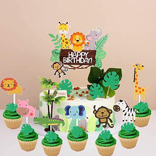 36 piezas de decoración para tartas de la selva, 1 pieza de animales de la jungla, con 35 tapas de pastel de animales para niños y niñas