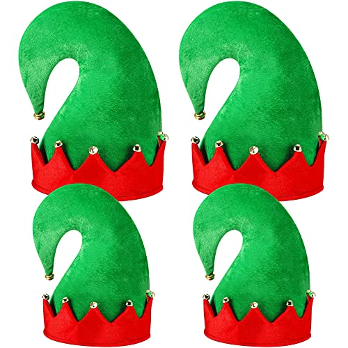 4 Gorros de Elfo Navideño Gorro de Papá Noel Verde y Rojo con Campanas Sombrero Navideño Accesorio de Disfraz de Elfo Navideño para Adolescente Adulto Regalo de Fiesta Navideña, 2 Tamaños