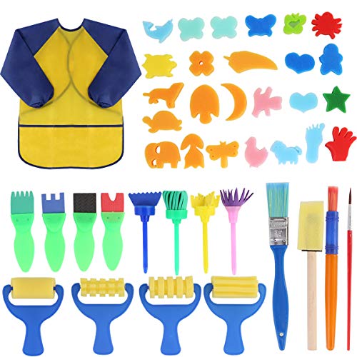 42Pcs Kits de Pintura para Niños Cepillos Conjunto de Dibujo de Esponja Delantal Impermeable para Niños Conjunto de Dibujo DIY