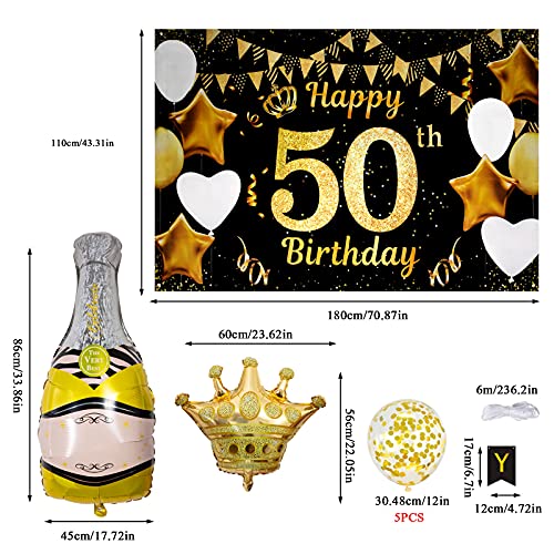 50 Años Decoración de Fiesta de Cumpleaños de Oro Negro, Taumie Póster de Tela Cartel Extra Grande para 50 Aniversario Feliz Cumpleaños Pancarta, Banderas de Cumpleaños, 7 Pcs Globos de Cumpleaños