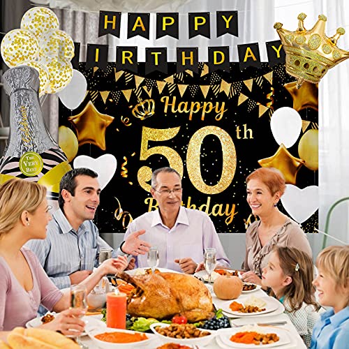 50 Años Decoración de Fiesta de Cumpleaños de Oro Negro, Taumie Póster de Tela Cartel Extra Grande para 50 Aniversario Feliz Cumpleaños Pancarta, Banderas de Cumpleaños, 7 Pcs Globos de Cumpleaños