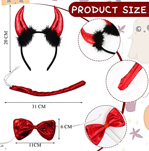 6 PCS Disfraz de Diablo de Rojo Brillante para Halloween, Accesorios Completos para Disfraz de Diablo, Diadema de Cuerno, Pajarita, Cola, Horquilla de Diablo, Guantes y Capa de Demonio Vampiro