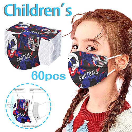 60 Piezas Niños Niñas Fútbol_Mascarillas, 3 Capas tela no tejida Diseño_Mascara, 3D Estéreo Hermosa Impresión, Sin Posicionamiento Cómodo, Respirable Ajustable Durable, Deportes, Ocio, Escuela