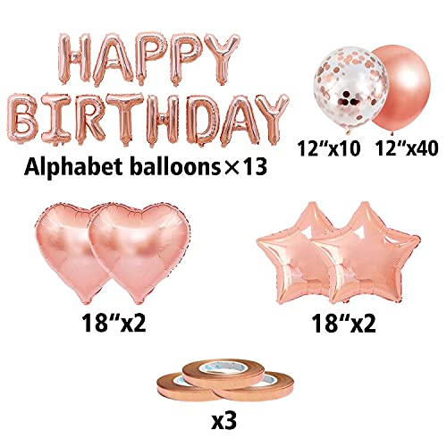 70 piezas globos de oro rosa feliz cumpleaños banner estrella globo de papel de aluminio confeti de oro rosa globo de látex rollo de globo cinta fiesta de cumpleaños decoración de vacaciones