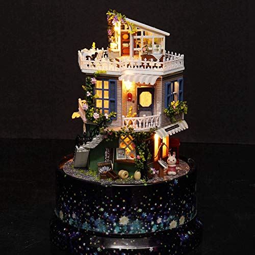 AAHY Casa de muñecas DIY Casa de ensueño en Miniatura con Caja de música giratoria Cubierta Antipolvo Luz LED