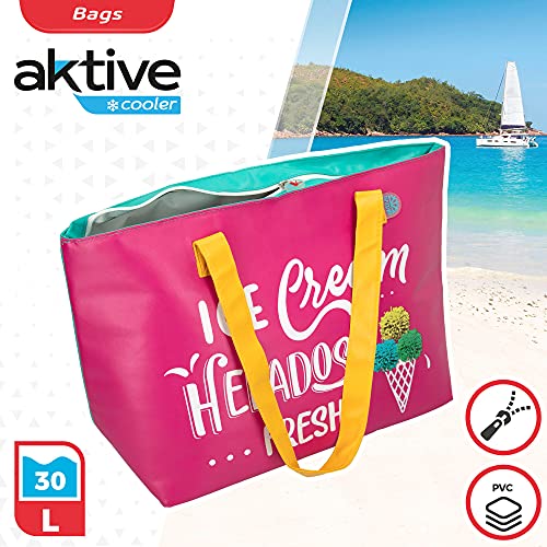 Aktive 80785 - Bolsa de playa, Bolsa térmica, cierre de cremallera, 58x34x17 cm, 30 litros, color fucsia, Bolso impermeable, Bolsa comida térmica, Bolsa porta alimentos, Aktive Cooler