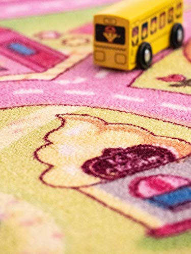 Alfombra Infantil Niña Ciudad Rosa 95cm x 200cm, Alfombra Coches Circuito | Alfombra Carretera Jugar