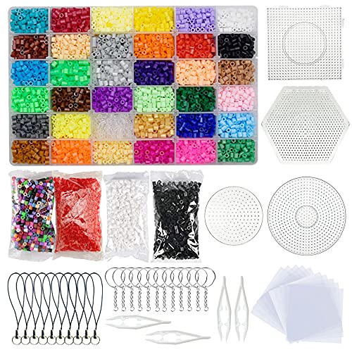 Allazone 14000 Pz 5MM Cuentas de Planchar, 5MM 36 Color Creative Beads, Pegboards Plantillas con Cuentas Blancas, Papel de Planchado y Llavero para Cuentas Niños Artesanía Perlas