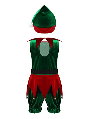 Alvivi Disfraz de Duende Niño Niña para Navidad Mono Sin Manga con Campanas Disfraz de Elfa con Sombrero Cosplay Navidad Verde 3-4 años