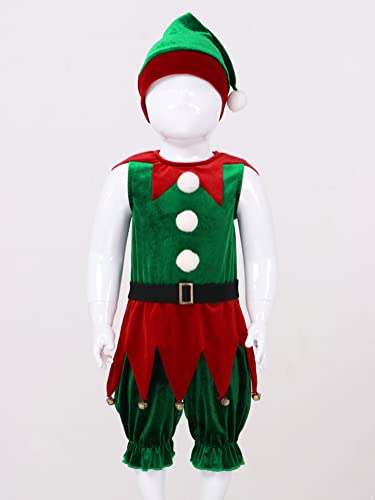 Alvivi Disfraz de Duende Niño Niña para Navidad Mono Sin Manga con Campanas Disfraz de Elfa con Sombrero Cosplay Navidad Verde 3-4 años