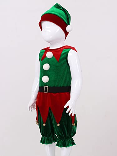 Alvivi Disfraz de Duende Niño Niña para Navidad Mono Sin Manga con Campanas Disfraz de Elfa con Sombrero Cosplay Navidad Verde 3-4 años