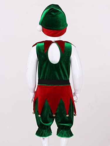 Alvivi Disfraz de Duende Niño Niña para Navidad Mono Sin Manga con Campanas Disfraz de Elfa con Sombrero Cosplay Navidad Verde 3-4 años