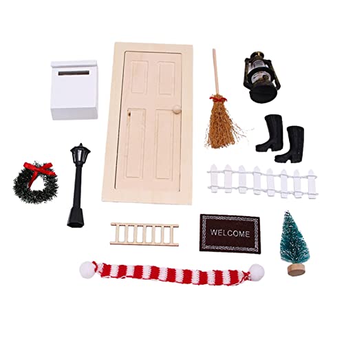 A/M Juego de Puerta de Duende navideño, Accesorios de Puerta de Duende navideño, Miniatura, Madera, Juego de Puerta de Hadas para Navidad, cumpleaños, para casa de muñecas, 12 Piezas