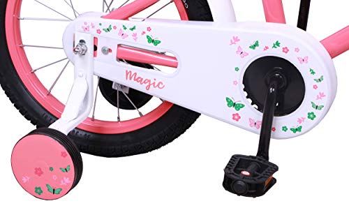 Amigo Magic - Bicicleta Infantil de 16 Pulgadas - para niñas 4 a 6 años - con V-Brake, Freno de Retroceso, Cesta, Asiento para muñecas, Timbre y ruedines - Rosa