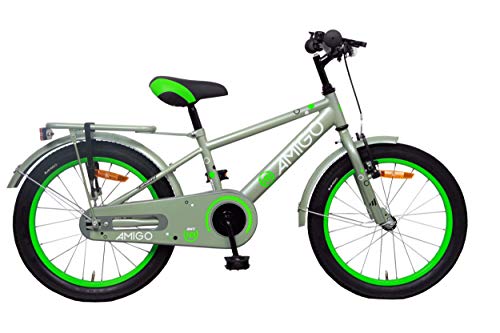 Amigo Sports - Bicicleta Infantil de 18 Pulgadas - para niños de 5 a 8 años - con V-Brake, Freno de Retroceso, Timbre, estándar e iluminación - Verde Oliva