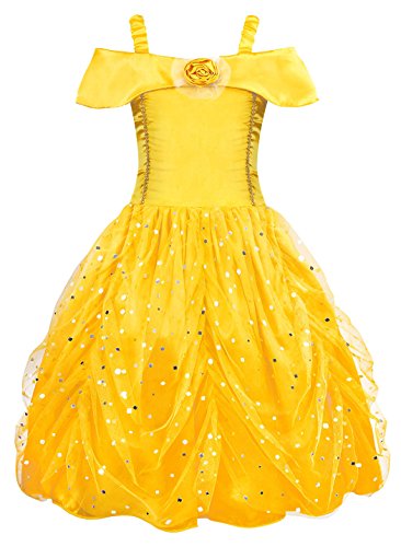 AmzBarley Vestido Princesa Belle Disfraz Niña Disfraces Cosplay Fiesta Cumpleaños Halloween Carnaval Niños Vestirse Amarillo 2-3 Años 100