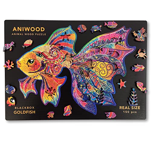 ANIWOOD Puzzle de Madera con Forma de Animal. Tapa troquelada a tamaño Real del Puzzle. Contiene Piezas únicas de Animales (Medium, Pez Dorado)