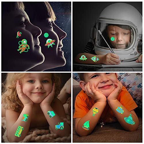 Aoligei 20 Hojas Tatuajes Temporales para niños, Luminoso Tatuajes temporales Falso Tatuajes Pegatinas, Universo Transporte tatuaje regalo de decor fiesta para niños y niñas