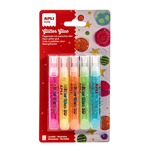 APLI Kids - Pack glitter glue 3D adhesivo colores neón, 5 uds