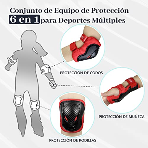 AresKo Juego de Equipo de protección para niños, Rodilleras y Cojines de Codo para niños Protector de muñeca Protector 6 en 1 Juego de Equipo de protección - M