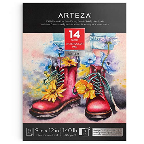 Arteza Cuaderno de acuarela, tamaño 9x12" (22,9x30,5 cm), 14 hojas, bloc de papel acuarela 300 gsm, 100% algodón, de grano fino para detalles, prensado en caliente, secado rápido con colores vivos