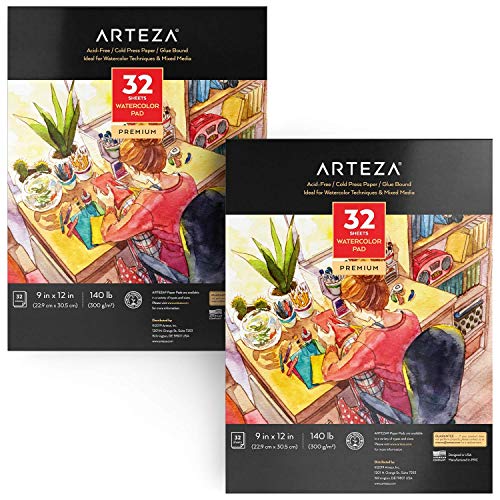 Arteza Cuadernos para acuarelas | Pack de 2 blocs de acuarela | Papel blanco de 300 gramos prensado en frío | Perfecto para pinturas de agua, medios secos y mixtos | 64 hojas en total