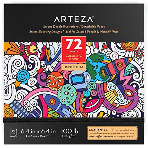 Arteza Libro para colorear de adultos con dibujos intrincados, contornos negros, 72 páginas para relajarse, aliviar el estrés y la ansiedad en adultos y adolescentes, para meditación y mindfulness