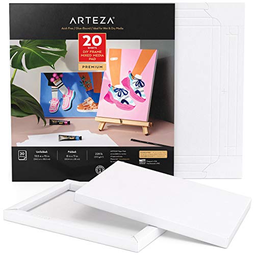 ARTEZA Papel lienzo para pintar multimedia, con marco, 8"x11" (20,4 x 28 cm), 20 hojas, 370 GSM, sin ácidos, bloc encolado, papel de pulpa de madera, lienzos para pintar con diversos medios mixtos