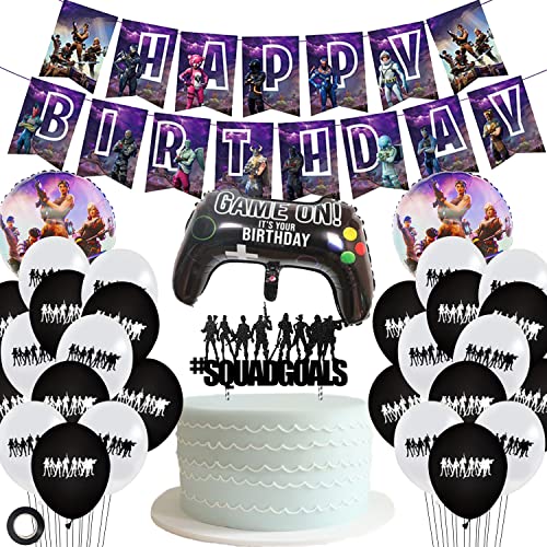 Artículos de Fiestas Decorativos de Videojuegos para Fanáticos de los Videojuegos Cumpleaños Decoraciones con 21 globos de fiesta de látex / 1 pancarta de cumpleaños / 1 juego de pastel de videojuegos