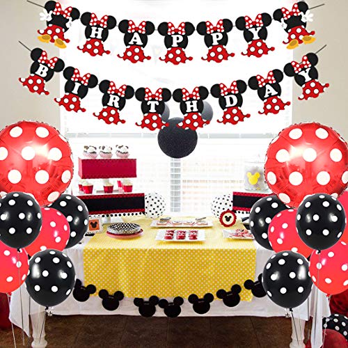 Artículos decorativos para fiestas del Minnie Mouse rojo negro, bolas Mickey Honeycomb, pancarta de feliz cumpleaños, diadema, adornos para pasteles para el cumpleaños de niñas