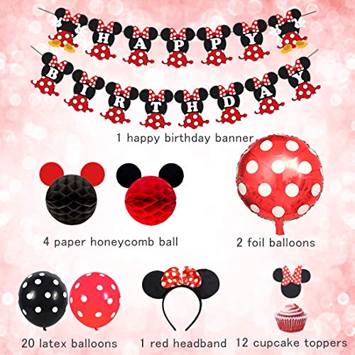 Artículos decorativos para fiestas del Minnie Mouse rojo negro, bolas Mickey Honeycomb, pancarta de feliz cumpleaños, diadema, adornos para pasteles para el cumpleaños de niñas