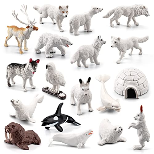 ARTOCT Juego de 18 Figuras de Animales Polares, Mini Figuras árticas realistas, Figuras de Animales, Juguetes, Incluye Lobo Blanco, búho Blanco, Zorro Blanco, Conejo ártico, Zorro ártico