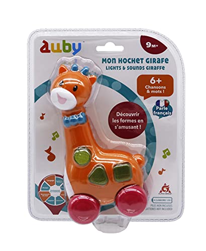 auby Mon HOCHET Girafe-Sonajero Sonidos y Luces sensorial para Primeros Aprendizaje de Las Formas, bebé recién Nacido, Juguete para bebés de 9 Meses en adelante, Color Naranja (Auldey FR461528)