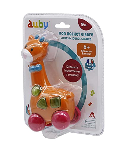 auby Mon HOCHET Girafe-Sonajero Sonidos y Luces sensorial para Primeros Aprendizaje de Las Formas, bebé recién Nacido, Juguete para bebés de 9 Meses en adelante, Color Naranja (Auldey FR461528)