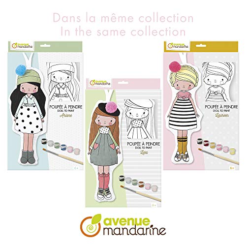 Avenue Mandarine - Poupée à Peindre, Laureen - 1 Poupée en Tissu (H. 29cm) + 6 Flacons Peinture Acrylique + 1 Pinceau + 1 Pompon à Coller - Kit Créatif à Partir de 6 Ans - PP039C