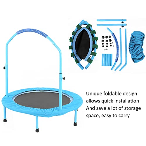 AYNEFY Trampolín infantil de 96,5 cm, cama elástica plegable para niños y niños, con barandilla ajustable para 3 ~ 6 años, hasta 60 kg (azul cielo)