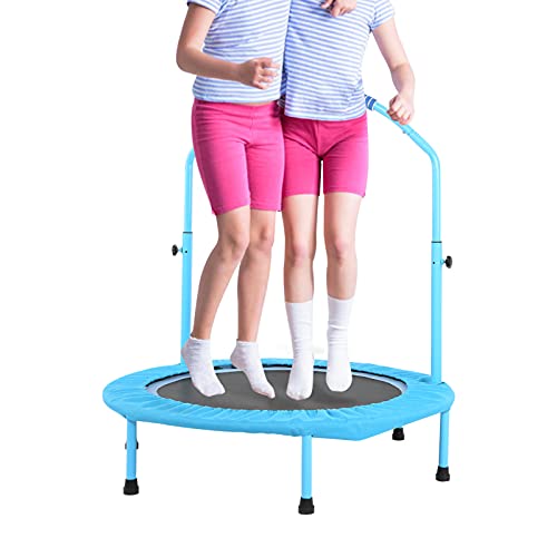 AYNEFY Trampolín infantil de 96,5 cm, cama elástica plegable para niños y niños, con barandilla ajustable para 3 ~ 6 años, hasta 60 kg (azul cielo)