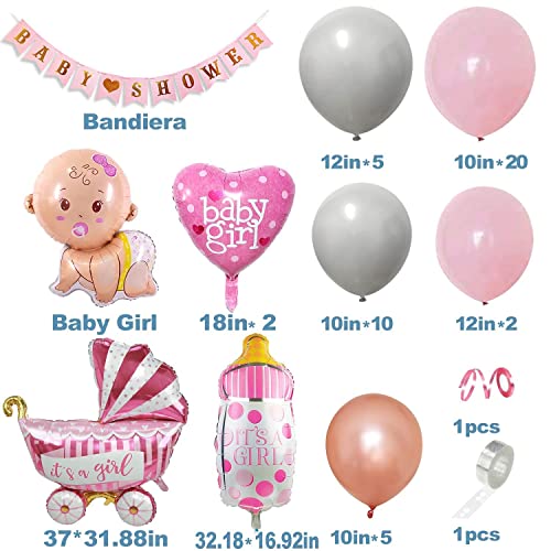 Baby Shower Decoración,Owinus Baby Shower Niña Globos de Baby Shower:Baby Girl,Globos de Látex Rosado Gris.