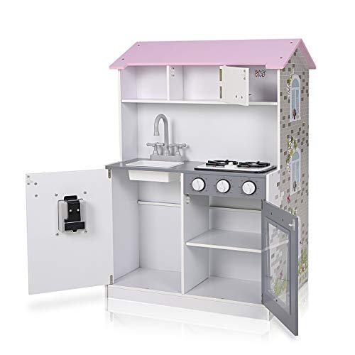 Baby Vivo Cocina de Juguete y Casa de Muñecas 2en1 Microondas 3 Niveles de Madera Niños Infantil Horno Lavabo Cocinita - Mira