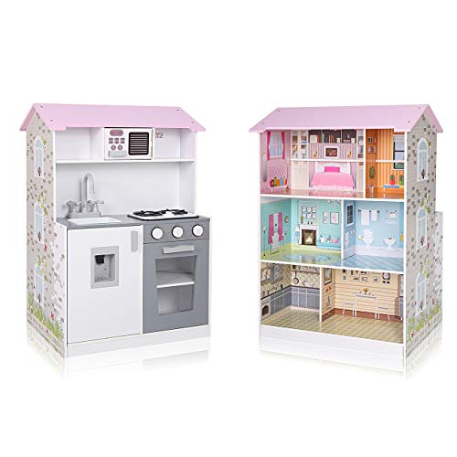 Baby Vivo Cocina de Juguete y Casa de Muñecas 2en1 Microondas 3 Niveles de Madera Niños Infantil Horno Lavabo Cocinita - Mira