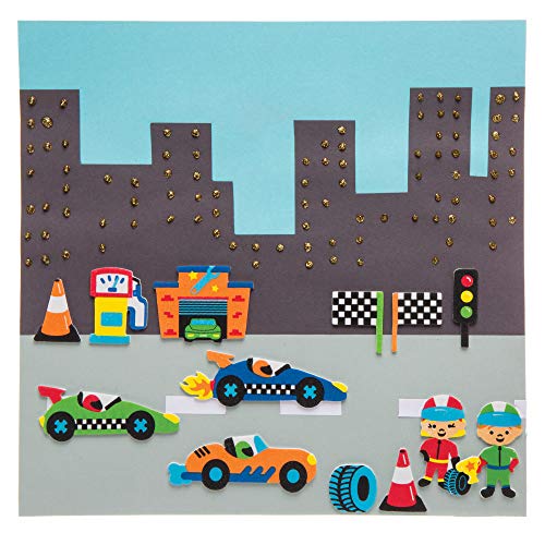 Baker Ross- Pegatinas de espuma con forma de coches de carreras (Pack de 120) - Pegatinas de espuma con temática de coches de carreras en divertidas formas para pegar en álbumes de recortes