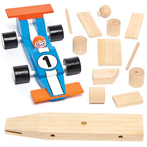 Baker Ross Pinta Tu Propio Coche de Carreras de Madera (paquete de 2) kits de manualidades para niños para montar, diseñar y decorar