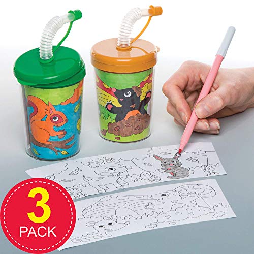 Baker Ross Vasos de animales del bosque con pajita flexible para colorear (pack de 3) para manualidades infantiles