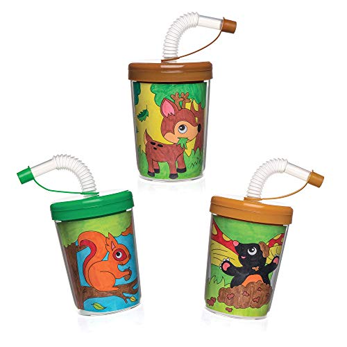 Baker Ross Vasos de animales del bosque con pajita flexible para colorear (pack de 3) para manualidades infantiles